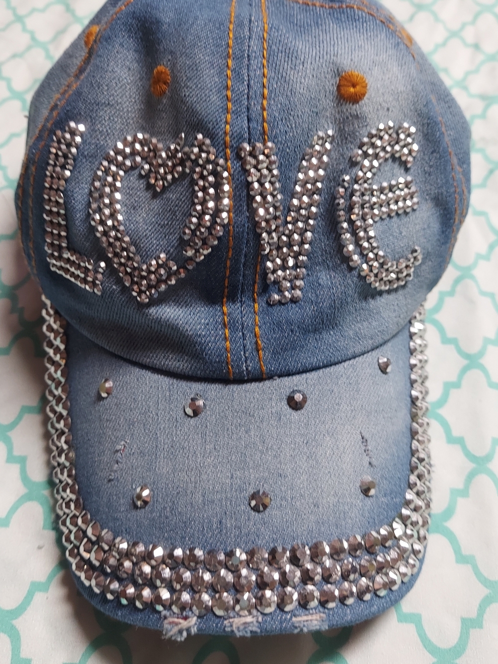 D&Y Denim Cap with Silver Rhinestone LOVE Design